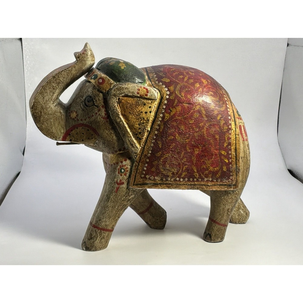 Hand Carved‎ And Hand Painted Wooden Elephant Figurine Made In India